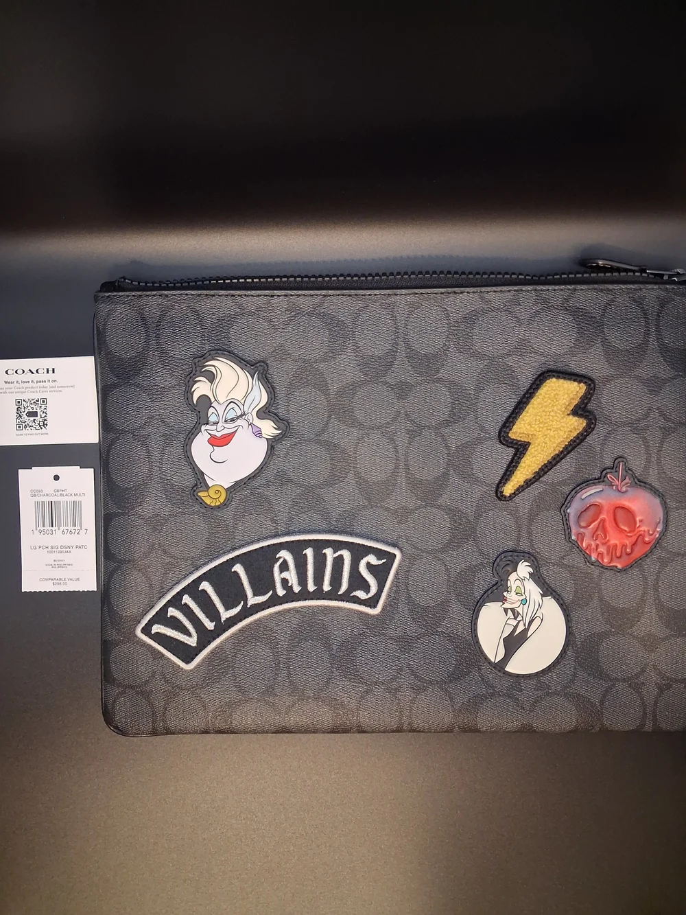 Coach Gray Villains Patch Cosmetic Pouch with Yellow Lightning Accent